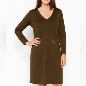 NWT Athleta Brown Long Sleeve V-Neck Dress XL Tall Stretch Zipper Detail